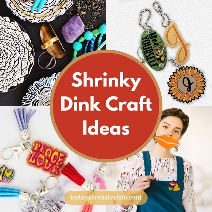 shrinky drink craft ideas with text overlay that reads shrinky drink craft ideas