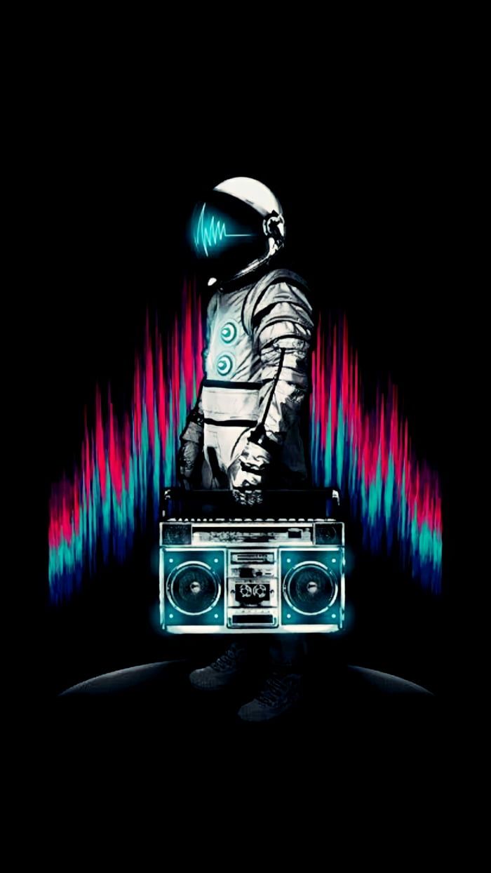 an astronaut is holding a boombox with sound waves in the background