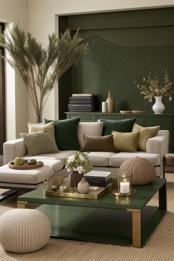 a living room filled with lots of furniture next to a wall covered in green and white