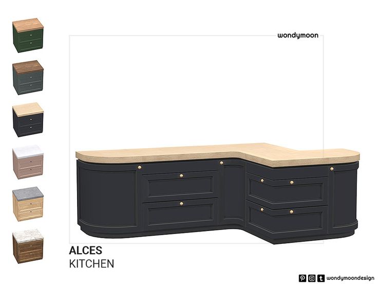 an image of kitchen cabinets with drawers and counter tops in different colors on white background