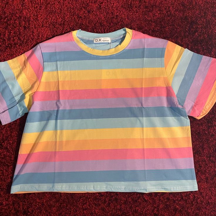 Never Worn, A Little Wide, But Cute Nonetheless. Striped Crop Top, Pastel Rainbow Shirt, Loose Shirts, Neon Rainbow, Pastel Rainbow, Rainbow Shirt, Yellow Blue, Loose Shirt, Color Block Top