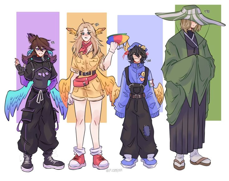 four anime characters standing next to each other