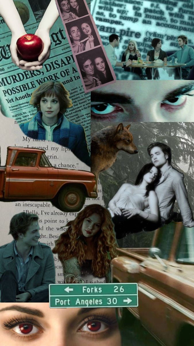 collage of twilight characters & movie scenes. edward & bella’s eyes. victoria, jacob (wolf), alice. bella’s truck with dark forest, washington post newspaper & twilight book page back ground. Twilight Collage, Movies Collage, Movie Collage, Twilight Funny, Twilight Movie, Serie Tv, Collage, Film, Funny