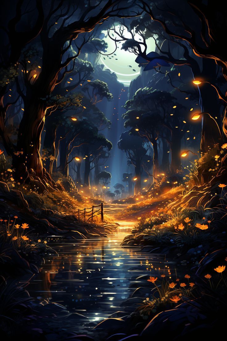 an image of a fantasy forest scene with water and trees at night, the light is shining