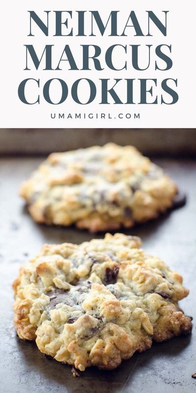 two cookies with chocolate chips on top and the words neiman marcus cookies above them