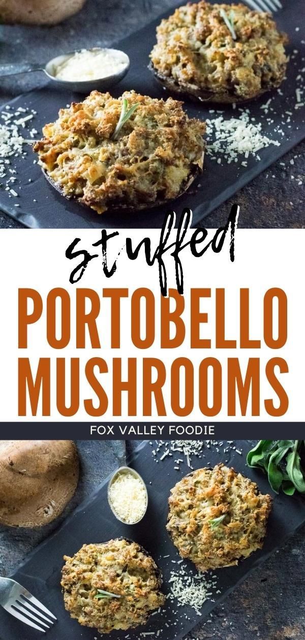 stuffed potato and mushroom muffins on a baking sheet with text overlay that says stuffed