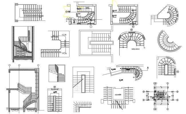 architectural drawings showing the steps and railings for various buildings, including a spiral staircase