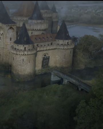 an aerial view of a castle in the foggy day with water and trees around it