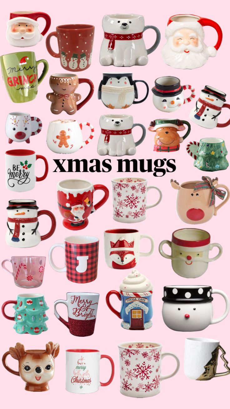 many different mugs with christmas designs on them and the words xmas mugs