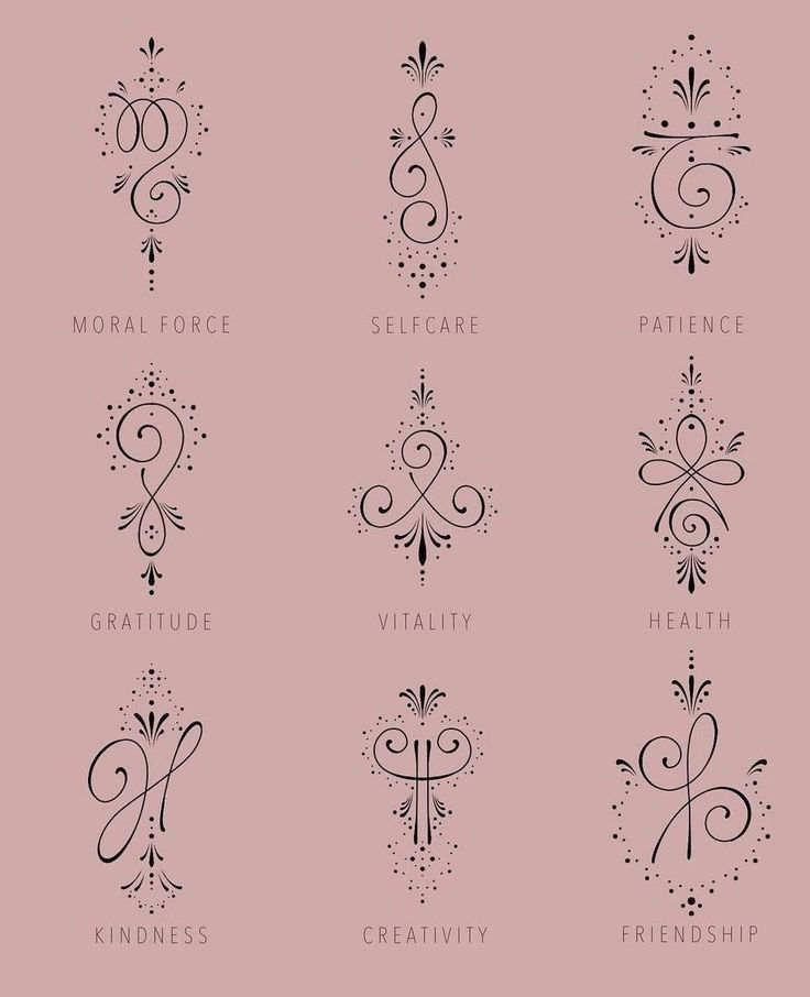 six different types of logos with the names of each type in black and white on a pink background