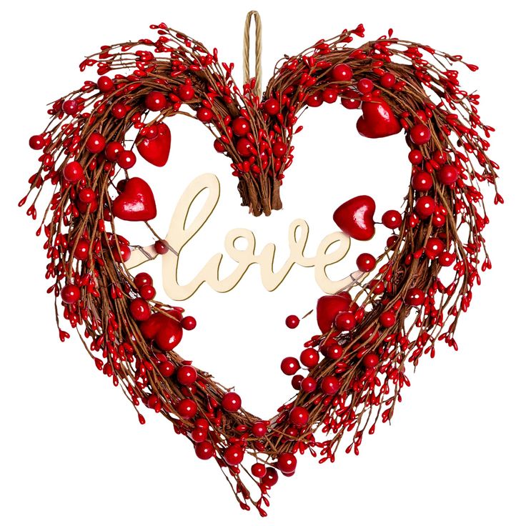 a heart shaped wreath with the word love hanging from it's center and surrounded by red berries