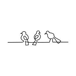 three birds sitting on a wire with one bird perched on it's head and the other two are looking at each other