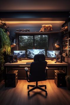 a computer desk with two monitors on it in front of a window that shows mountains and trees