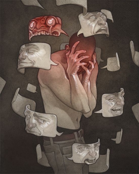 a drawing of a man holding his head in the middle of many faces and hands