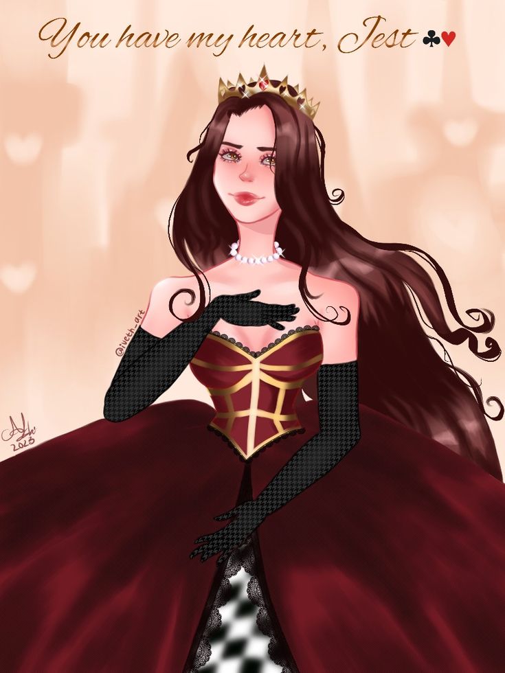 a drawing of a woman in a dress with long hair wearing a tiara and gloves