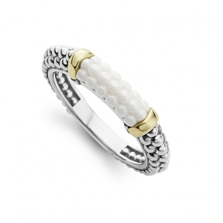 White ceramic stacking ring with 18K gold and sterling silver Caviar beading. Mix and match with other stacking rings. Lagos Ring, Mens Designer Jewelry, Lagos Jewelry, Sculptural Jewelry, Ceramic Rings, Engraved Items, Ring Size Guide, Stacking Ring, White Ring