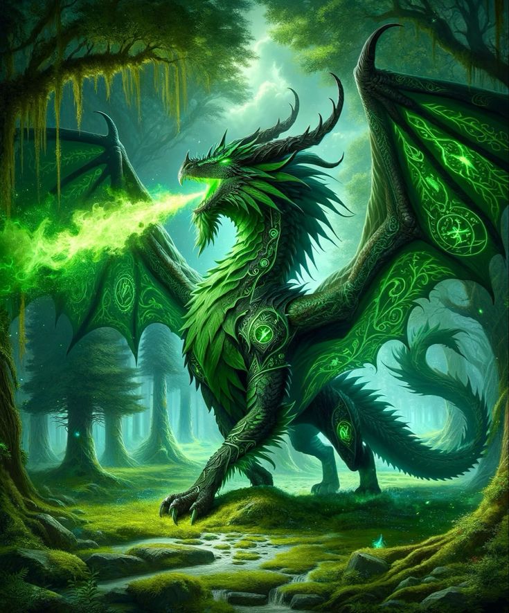 a green dragon in the middle of a forest