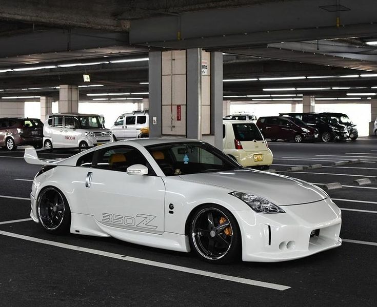 a white sports car parked in a parking garage