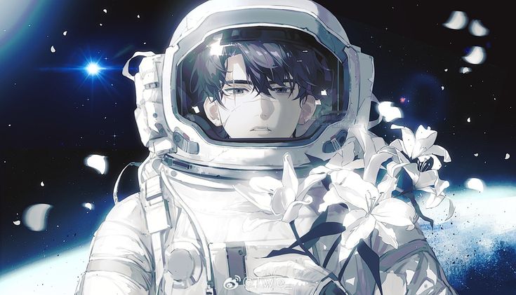 an anime character in space with flowers on his hand and the background is blue, white and black