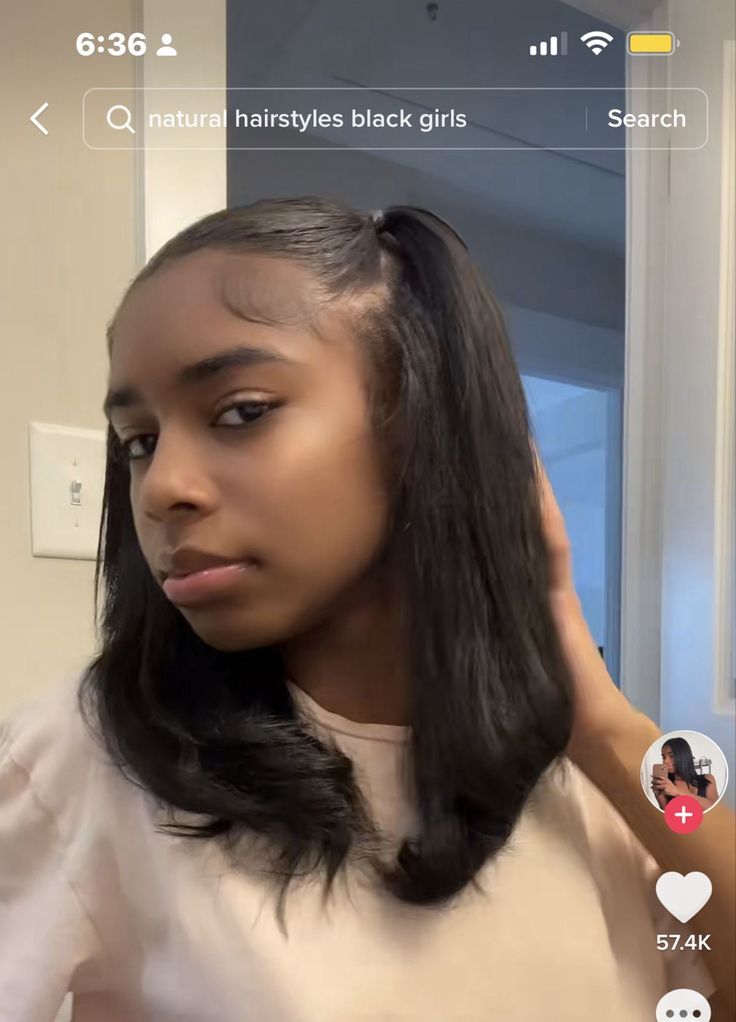 Half Up Half Down Hair Natural Straight, Hairstyles For Medium Length Hair Silk Press, Black Silk Press Hairstyle, 2 Ponytails Half Up Half Down Natural Hair, Straighten Hairstyles For Black Hair Short, Silk Press Ideas, Silk Press Natural Hair Hairstyles, Short Straight Hair Hairstyles, Slik Press Hairstyles For Black Women