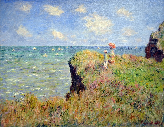 a painting of a person with an umbrella standing on a cliff overlooking the ocean