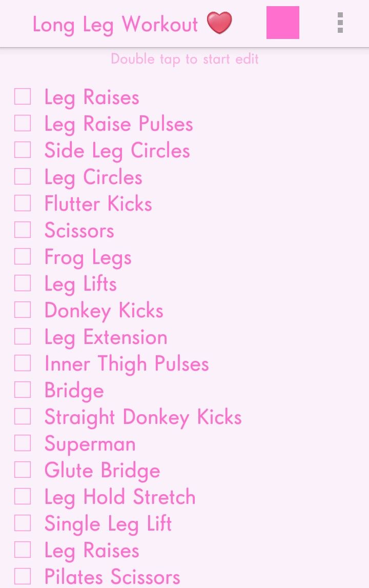 a pink workout log with the words, long leg workouts and heart on it