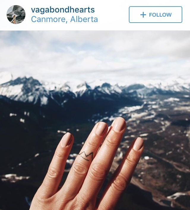 a person's hand with a small tattoo on it and mountains in the background