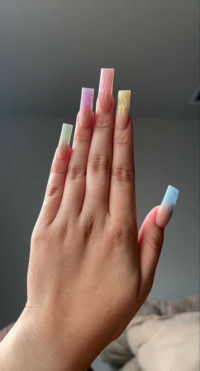 Medium square acrylic nails Pastel Fire Nails, Flame Neon Nails, Acrylic Nails Fire Design, French Tips With Flames, Ombre Flame Nails, Colorful Flame Nails, Nail Ideas Flames, Coffin Flame Nails, Flame Tip Nails