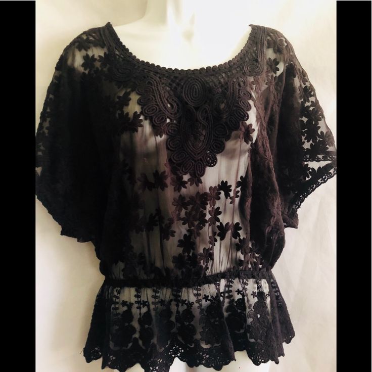 Brand New Without Tag Never Worn Beautiful Black Blouse Medium Size Black Lace Top Blouse With Short Sleeves, Black Lace Top With Short Sleeves For Summer, Bohemian Black Short Sleeve Blouse, Black Bohemian Lace Top, Black Bohemian Top For Night Out, Bohemian Black Tops For Night Out, Black Bohemian Blouse For Party, Black Lace Blouse, Lace Blouse