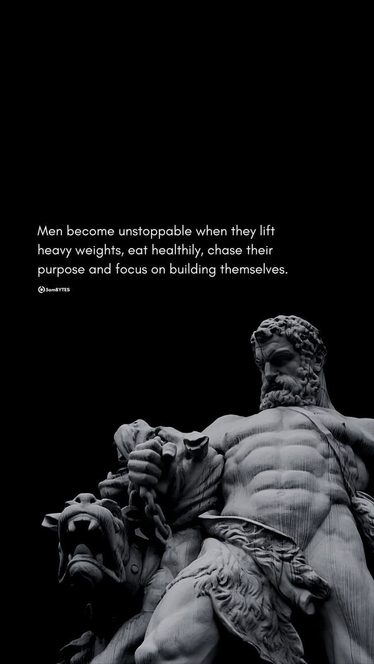 a statue with a quote on it that says men become unstoppble when they lift heavy weights, each healthy plate their weight