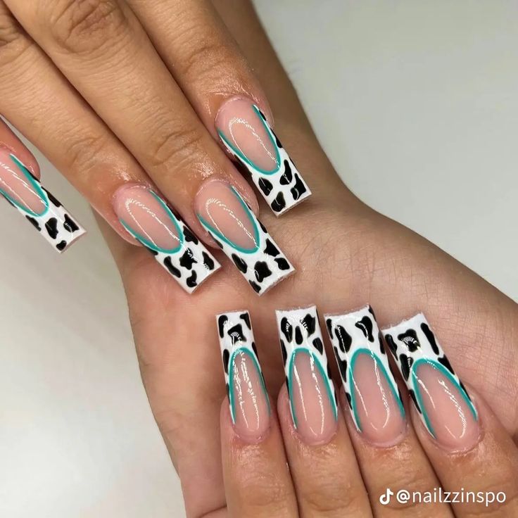 Vaquero Nails, Cow Acrylic Nail Designs, Blue Cow Print Nails, Cowprint Nail Design, Cow Print Acrylic Nails, Teal Cow Print, Nail Designs Toenails, Blue Cow Print, Country Acrylic Nails