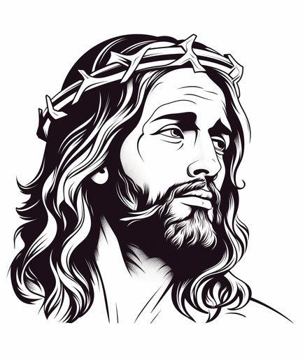 the face of jesus with long hair and a crown on his head, black and white drawing