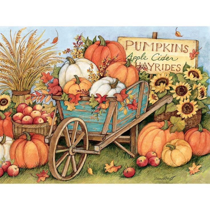 a painting of pumpkins and gourds in a wagon