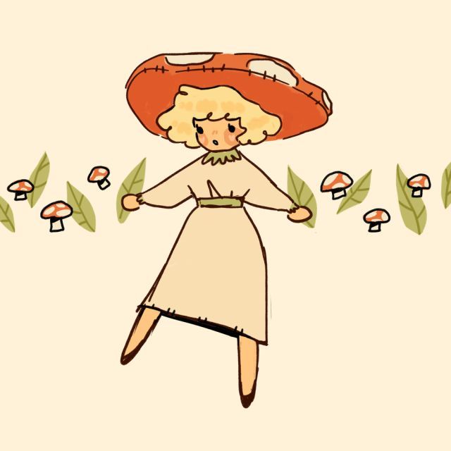 a woman in a dress and hat with mushrooms around her