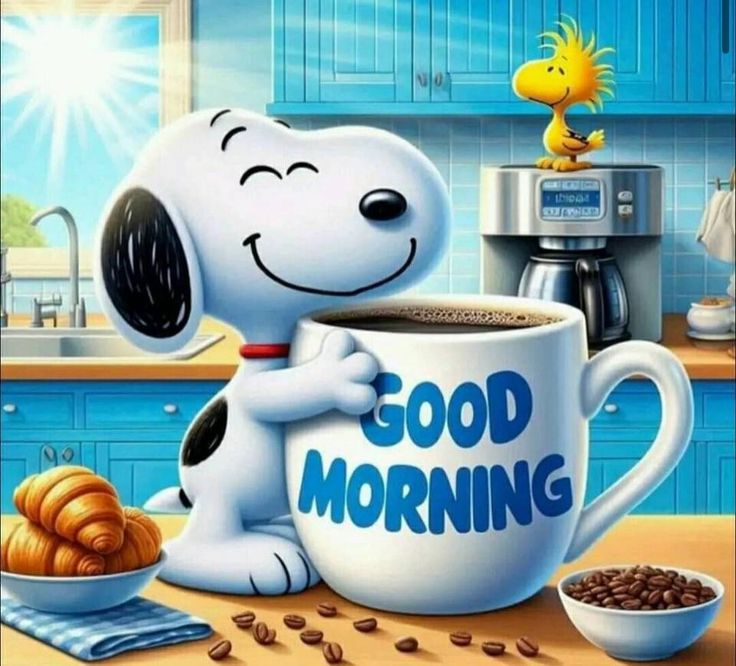 a cartoon snoopy holding a coffee cup with the words good morning written on it