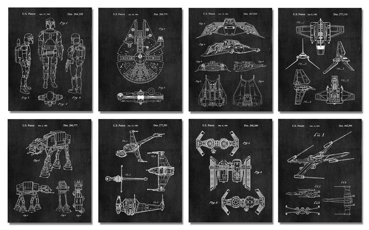 six black and white drawings of star wars