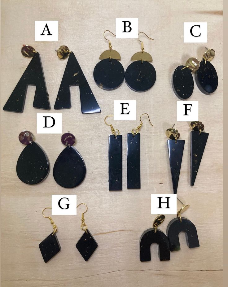 Unique & one of a kind black resin earrings Earrings are about 2-3 inches in length (depending on which pair you choose) and are all individually hand crafted.  Disclaimer: color of the earrings may differ slightly due to resolution of different screens. Please noted that some earring hoops and hooks differ in color and may come in the following options: silver, bronze, or gold - all shown in pictures  Let me know if you have any questions or would like to request more pictures of the product(s) Unique Handmade Black Plug Earrings, Trendy Black Earrings For Gift, Unique Black Plug Earrings With Ear Wire, Unique Black Pierced Earrings, Minimalist Handmade Black Earrings, Unique Black Dangle Plug Earrings, Black Resin Dangle Jewelry, Trendy Handmade Black Jewelry, Trendy Black Handmade Jewelry