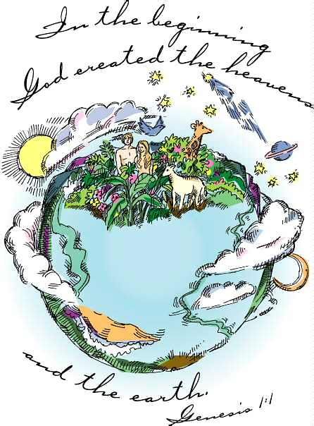 the earth is surrounded by clouds and animals, with an inscription above it that reads in the beginning you created the world