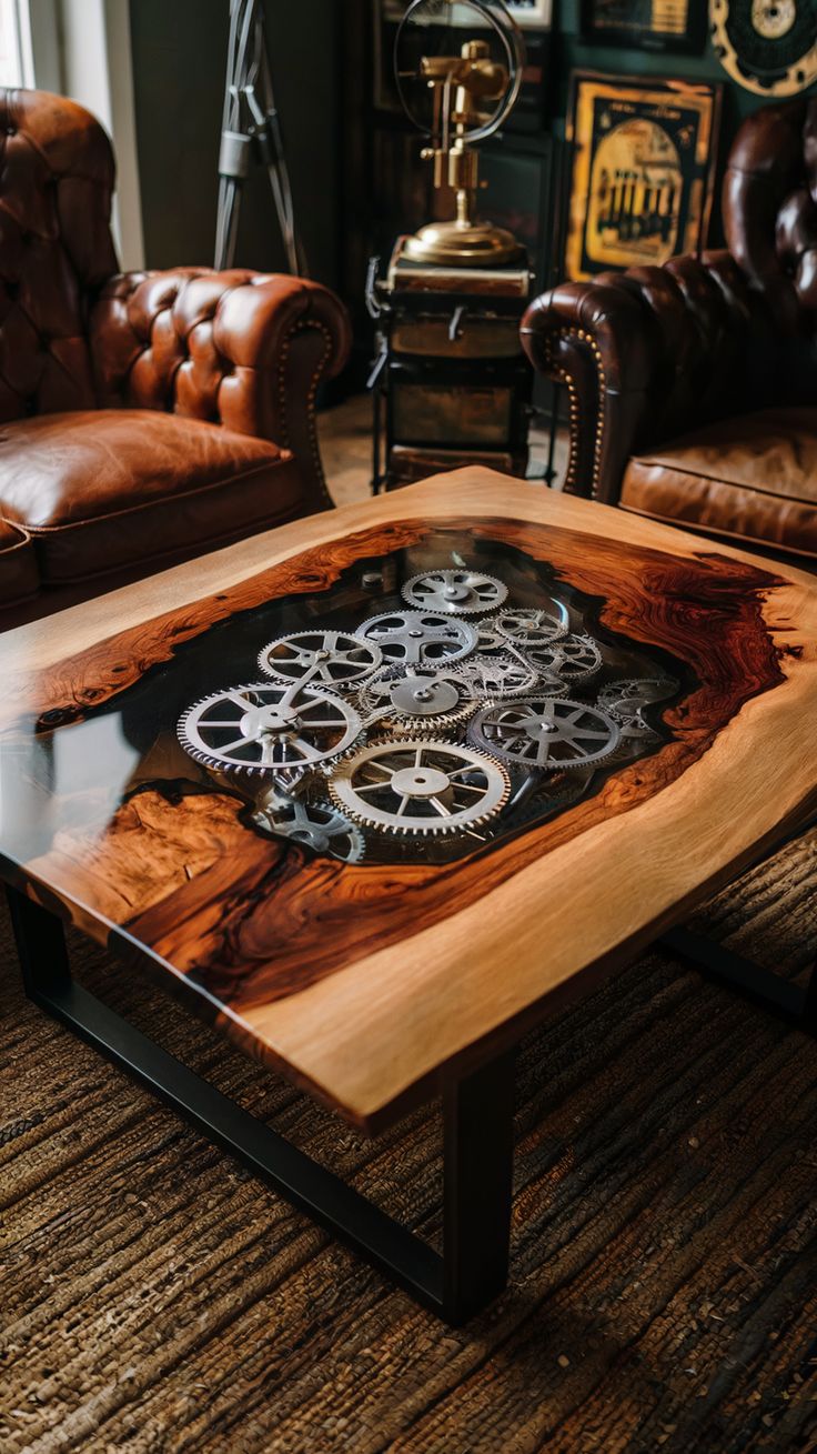 a wooden table with gears on it in a room filled with leather chairs and couches