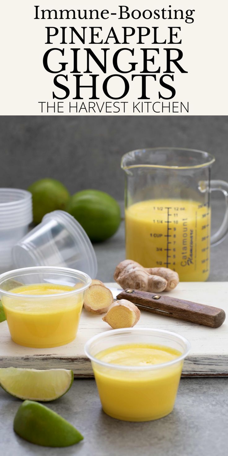 the ingredients to make pine - boosing ginger shots are displayed on a cutting board