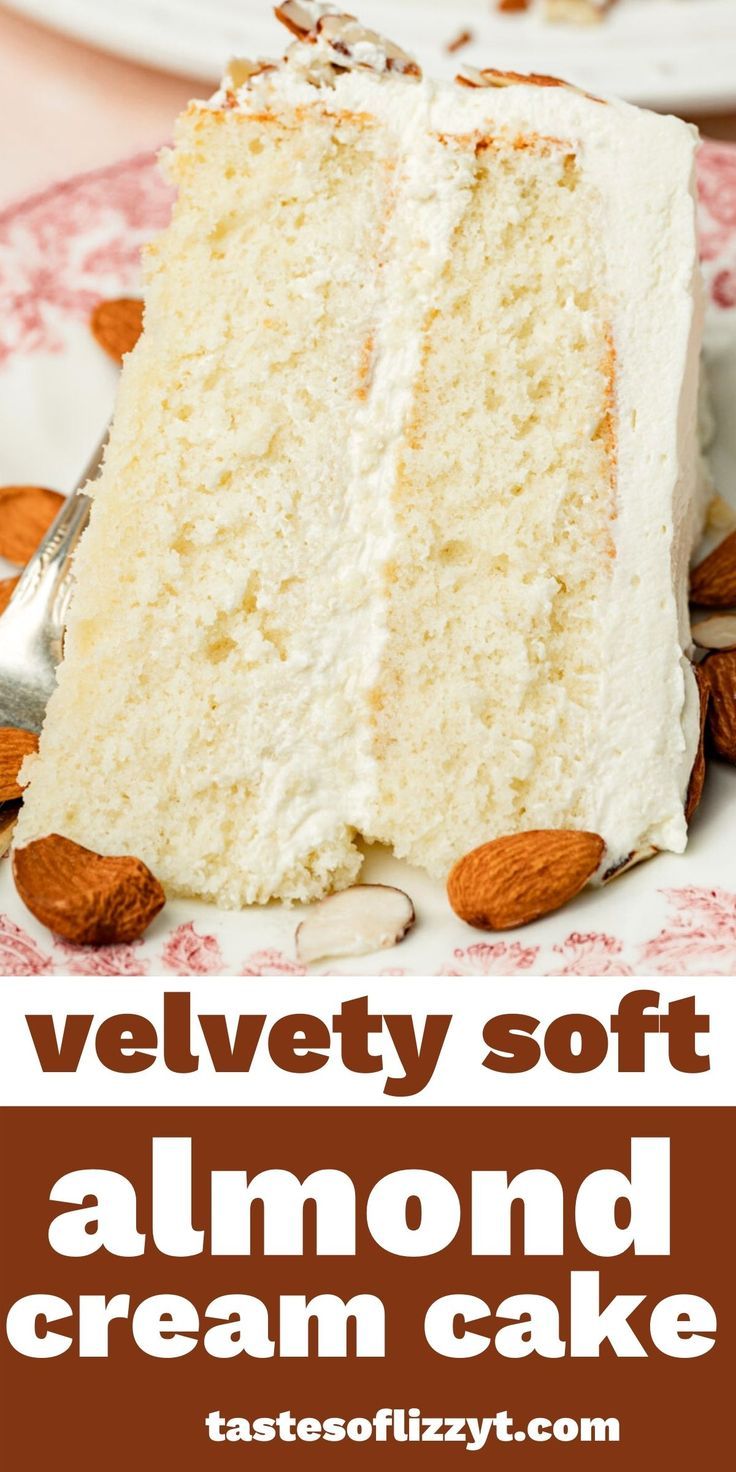 a close up of a slice of cake on a plate with almonds around it