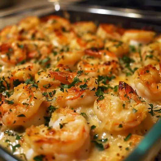 a casserole dish with shrimp and cheese on it, ready to be eaten