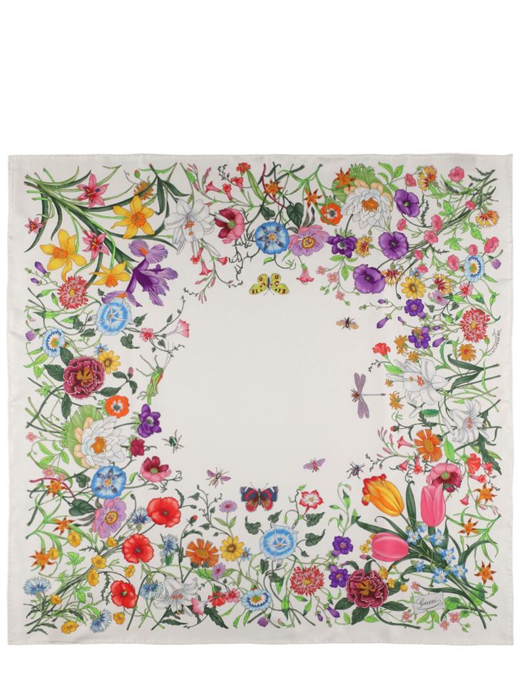 Width: 90cm Length: 90cm. Gucci Cosmogonie. Placed print Gucci Scarf, Flora Print, Printed Silk Scarf, Silk Shawl, Designer Scarves, Purple Silk, Silk Twill, Printed Silk, Square Scarf