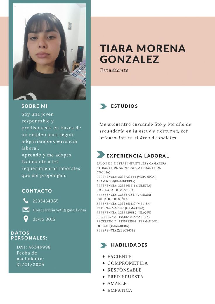 a professional resume for a young woman in blue and pink colors, with the name tara morena gonzaez on it