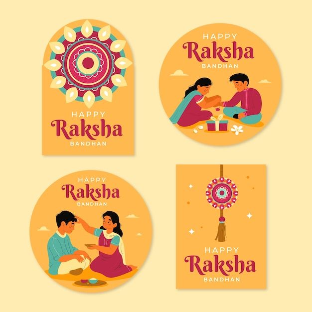 four happy raksha stickers with people sitting on the ground and eating food