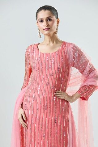 Coral kurta with mirror, sequin and beads embroidery. Paired with matching pant and dupatta. - Aza Fashions Designer Pink Sequined Salwar Kameez, Sequined Semi-stitched Palazzo Set For Festivals, Festive Designer Palazzo Set With Sequins, Festive Designer Sequin Palazzo Set, Red Sequined Sets For Eid, Red Sequin Sets For Eid, Sequined Salwar Kameez For Reception, Festive Semi-stitched Sequined Palazzo Set, Festive Pink Palazzo Set With Sequins