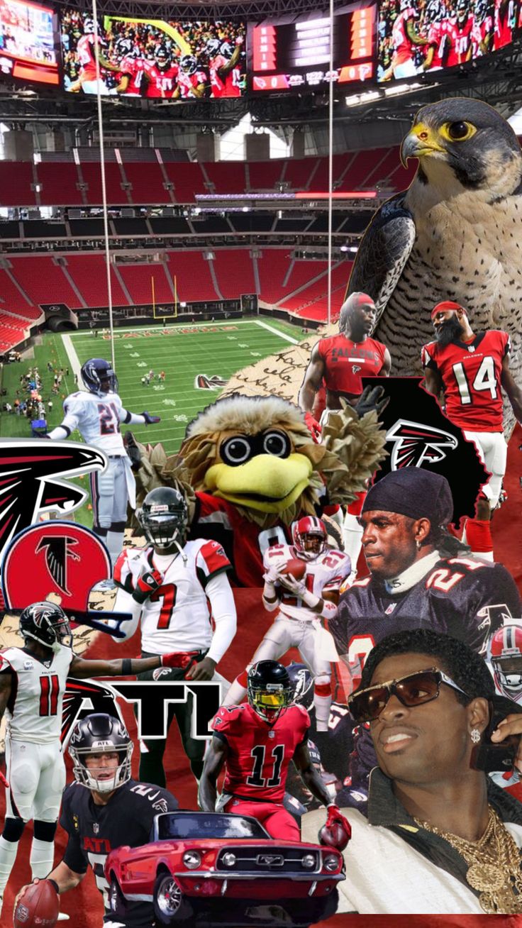 a collage of sports images including an eagle, football players, and mascots