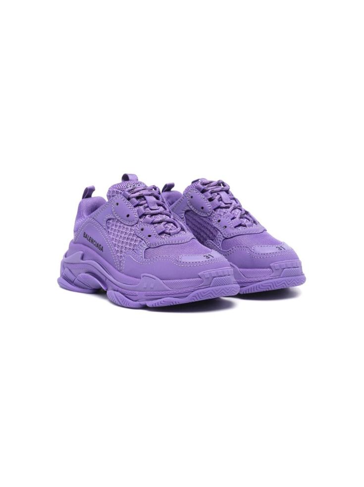 purple tonal design logo print to the side multi-panel design round toe front lace-up fastening chunky rubber sole Sneakers Purple, Panel Design, Design Logo, Boys Shoes, Logo Print, Kids Accessories, Lace Front, Balenciaga, Rubber Sole