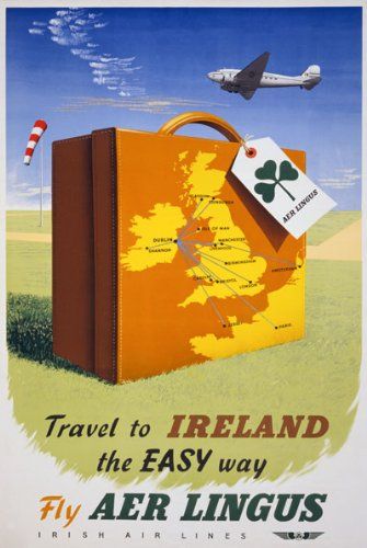 an old travel poster from the early 1900's shows luggage with irish symbols on it