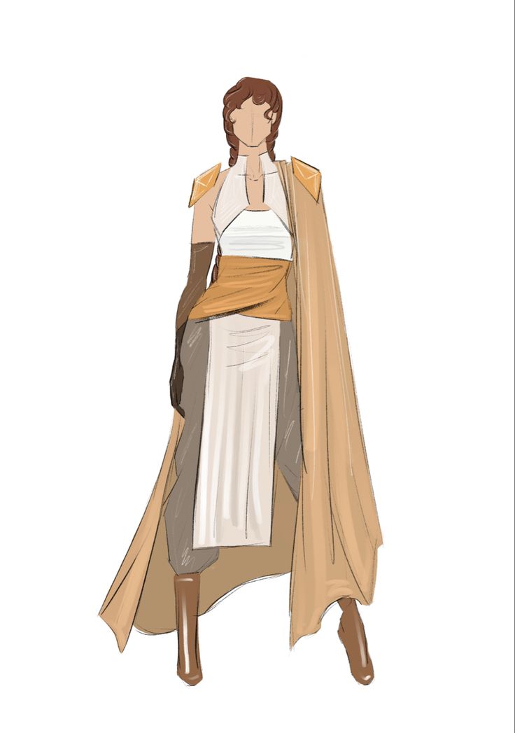 a drawing of a woman dressed in white and brown with a cape over her shoulders